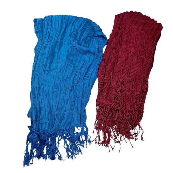 Two Scarves Wraps Fringe Crinkle Long Blue Red - Picture 7 of 7